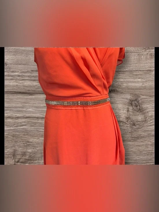 NWT Belle Badgley Mischka Orange Cocktail Dress Crossover Flutter Sleeve - Picture 7 of 11